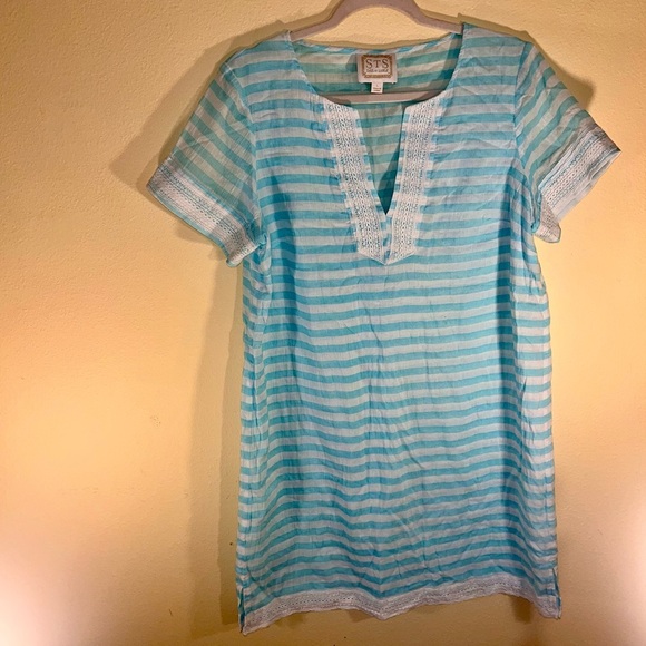 Sail To Sable Shift Tunic Dress Light Blue White Stripe Cotton Classic Lace L - Picture 9 of 12